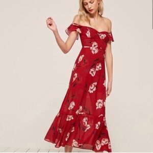 Reformation Red Floral Off-Shoulder Maxi Dress